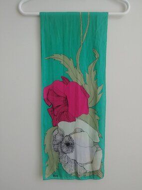Vintage Una silk scarf long and narrow green with pink blue flowers